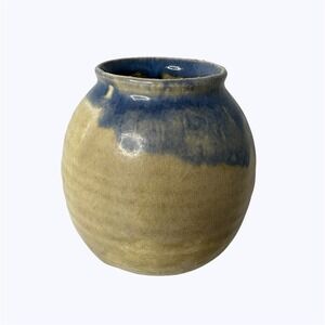 Becky Clonce Vance Studio Pottery Vase Signed '85 Blue Tan Drip Glaze Vintage 4"